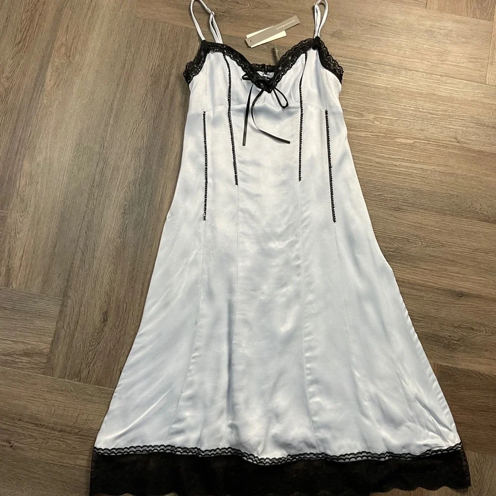 NWT Anthropologie Satin Lace Trim Slip Midi Bow Dress Womens 00 Blue Coquette - Picture 1 of 12